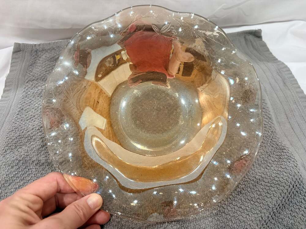 Vintage Jeannette Glass Iris and Herringbone Marigold Iridescent Ruffled Bowl